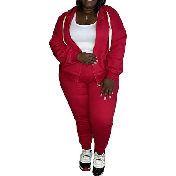Cindysus Women Two Piece Outfit Plus Size Sweatsuit Hoodie Jogger Set Casual Jogging Long Sleeve Tracksuit Sets Red 2XL