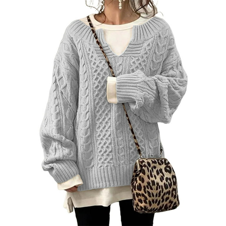 Cindysus Women V Neck Cable Knit Sweater Long Sleeve Loose Oversized Sweaters Chunky Pullover Jumper Tops Light Grey M