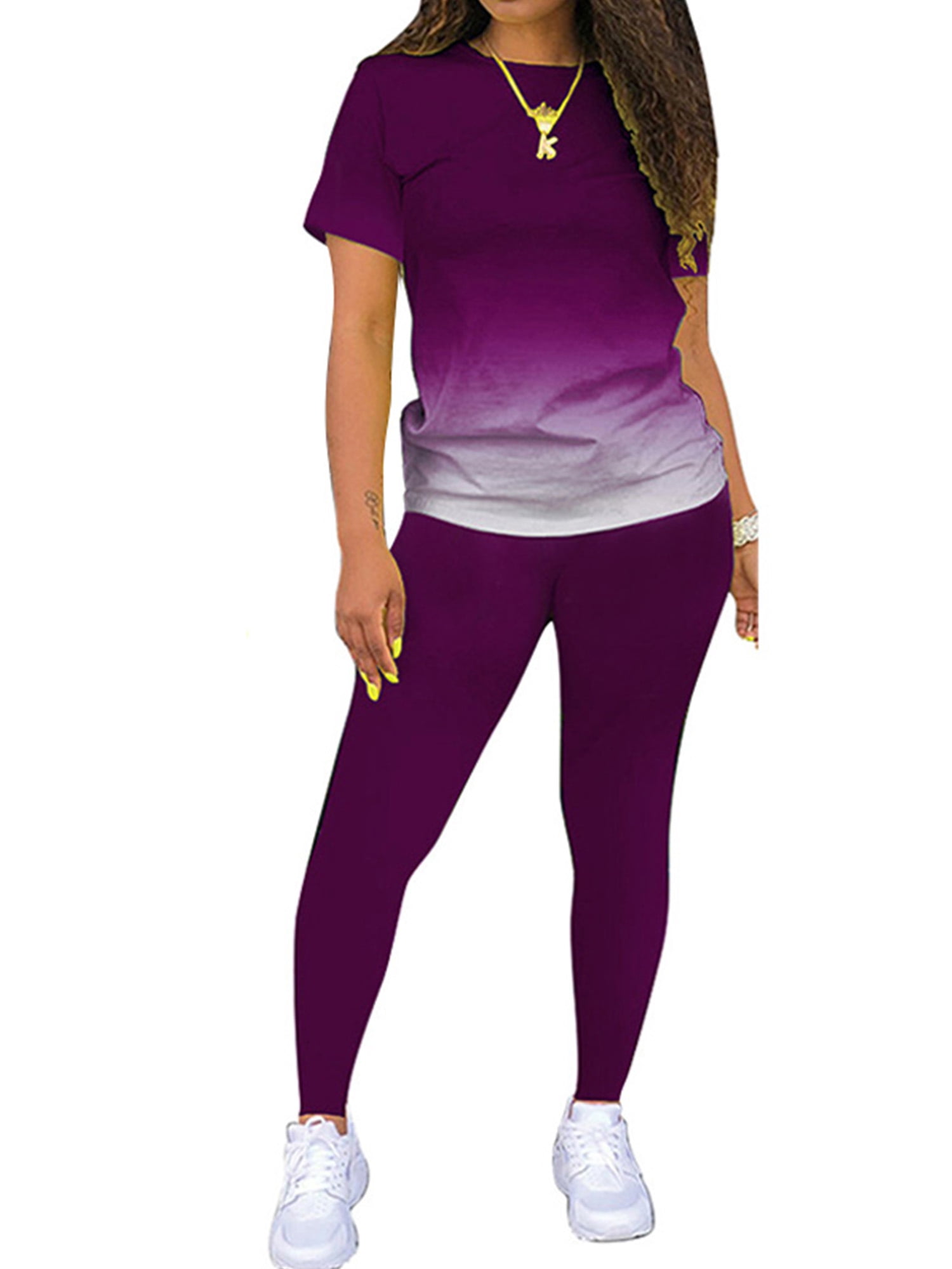 Cindysus Women Workout Set Short Sleeve Tops Long Pants 2 Piece Outfit Lounge Sets Gradient