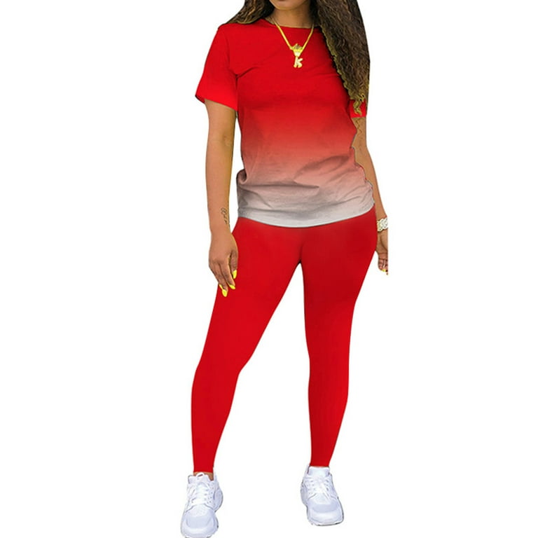 Cindysus Women Workout Set Short Sleeve Tops Long Pants 2 Piece Outfit  Lounge Sets Gradient Fitness Tracksuit Red XL