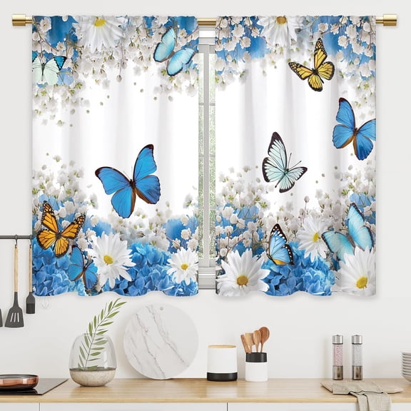 Cinekker Blue Teal Flower Butterfly Kitchen & Bathroom Curtains - Daisy Floral Pattern - 27.5x39 Inch Tiered Spring Cafe & Bedroom Short French Door Curtains with Rod Pocket