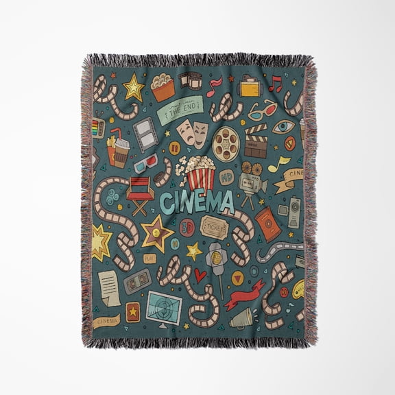 Cinema Fan Goer Cute Illustration Movies Silver Screen, Woven Blanket