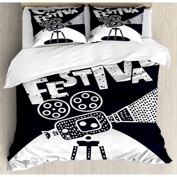 Cinema Festival Duvet Cover Set, Grunge Style Design of Lettering with a Movie Camera, Decorative 3 Piece Bedding Set with 2 Pillow Shams, Queen Size, Dark Violet Blue White, by Ambesonne