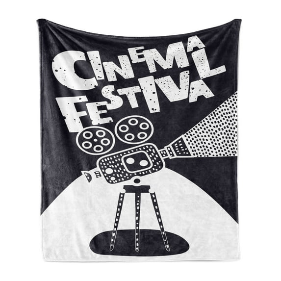 Cinema Festival Soft Flannel Fleece Throw Blanket, Grunge Style Design of Lettering with a Movie Camera, Cozy Plush for Indoor and Outdoor Use, 70" x 90", Dark Violet Blue White, by Ambesonne
