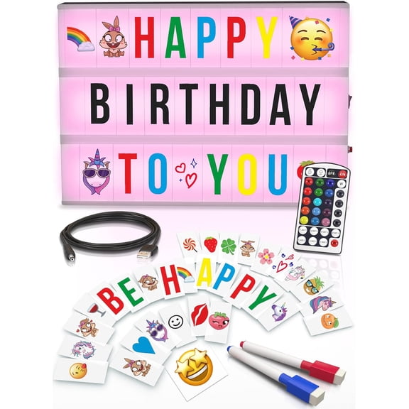 Cinema Light Box with Letters  Marquee Color Changing Sign 386 Black & Emoji 2 Markers- Premium Up Letter Board 16 Dimmable Remote-Controlled Colored Options