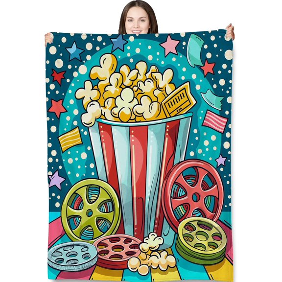 Cinema Night Blanket Gifts for Women Colorful Popcorn and Film Reels Movie Flannel Throw Blankets for Bedding Couch Soft Lightweight Warm Cozy Throws Decor 50x60in
