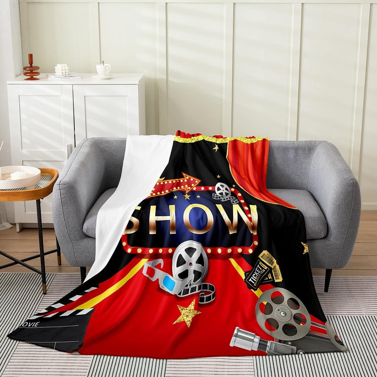 Cinema Poster Design Plush Throw Blanket, for Girls Boys Movie Theater