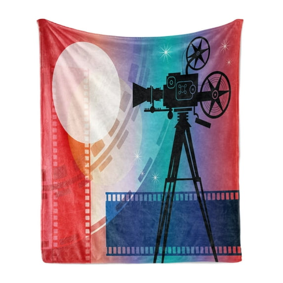 Cinema Soft Flannel Fleece Throw Blanket, Colorful Projector Silhouette with Movie Reel Vintage Design Entertainment Theme, Cozy Plush for Indoor and Outdoor Use, 50" x 60", Multicolor, by Ambesonne