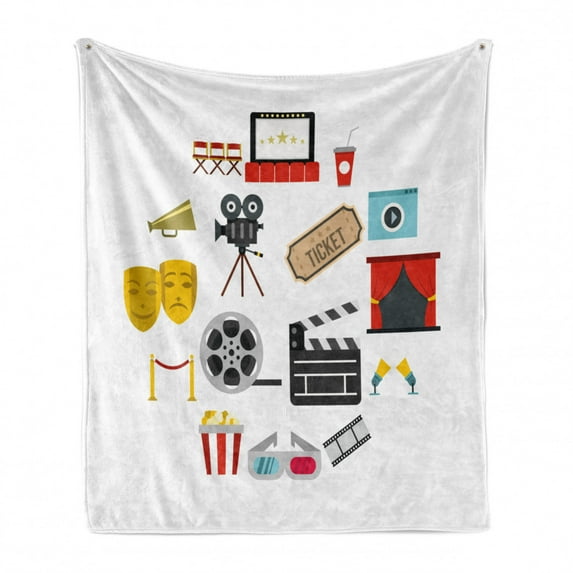 Cinema Soft Flannel Fleece Throw Blanket, Movie Theater Composition with Stage Ticket Popcorn Camera Director Seat, Cozy Plush for Indoor and Outdoor Use, 60" x 80", Multicolor, by Ambesonne