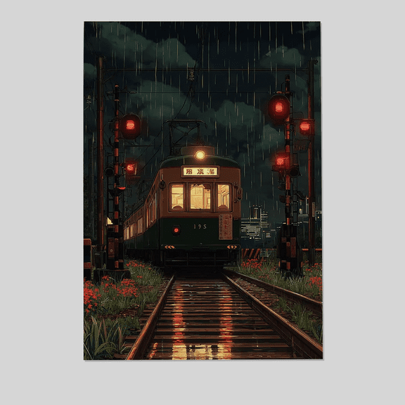 Cinematic Japanese Train Station at Night – Rainy Lantern Platform Wall Art Full Size 24''x36'' The Golden Shop