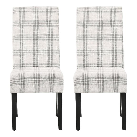 Cini Dining Side Chair Set of 2- Gray Plaid Fabric- Black Wood Legs