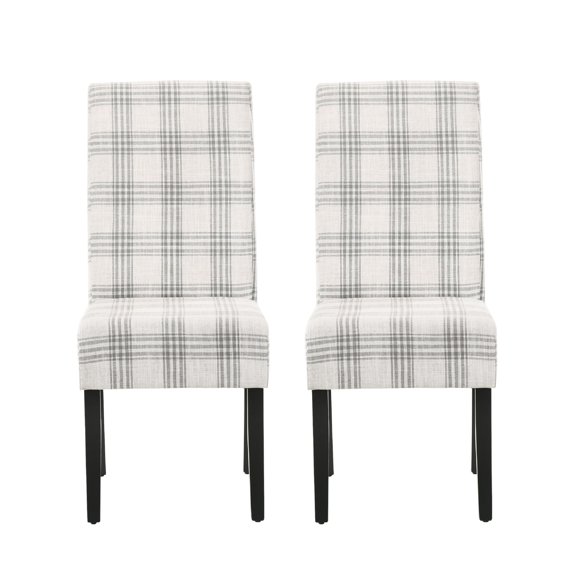 Cini Dining Side Chair Set of 2, Gray Plaid Fabric, Black Wood Legs