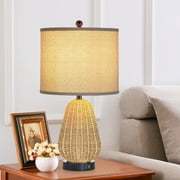 Cinkeda 22.8" Rattan Table Lamp for Bedroom Living Room Single Modern 3 Way Dimmable Bedside Lamp with USB Ports