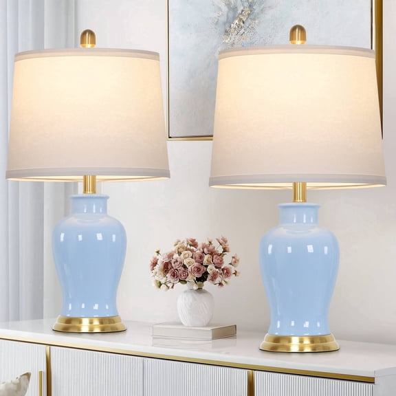Cinkeda 23" Coastal Blue Ceramic Table Lamps Set of 2 with Gold Accents, Modern Ceramic Ginger Jar Nightstand Lamps for Bedroom Living Room
