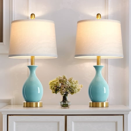 Cinkeda 24" Aqua Blue Ceramic Table Lamps Set of 2, Modern Classic Bedside Lamp with Gold Accents for Living Room Bedroom