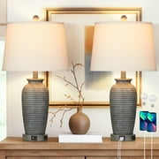 Cinkeda 24" Retro Resin Table Lamp Set of 2 with USB Type-C Ports AC Outlet 3 Way Dimmable Touch Control Grey Jar Bedside Nightstand Lamps for Living Room Bedroom