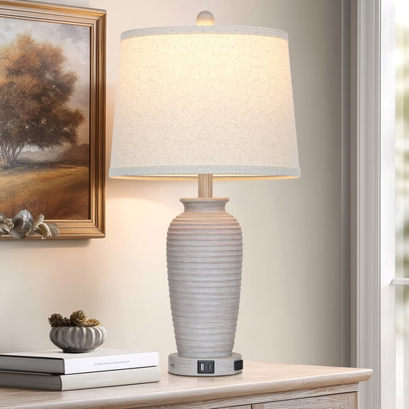 Cinkeda 25" Touch Control Table Lamp, Light Gray Resin Jar Body with Oatmeal Linen Shade, USB-C & AC Outlet, 3-Level Dimmable, Dimmable LED Bulb Included for Bedroom