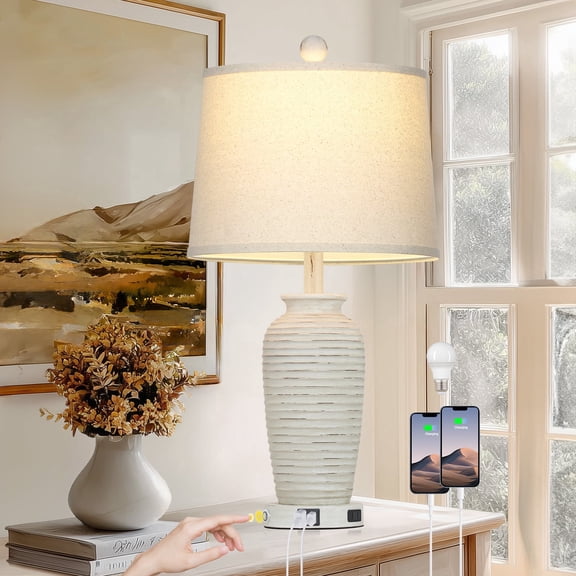 Cinkeda 25" Touch Control Table Lamp, White Resin Jar Body with Oatmeal Linen Shade, USB-C & AC Outlet, 3-Level Dimmable, Dimmable LED Bulb Included for Bedroom