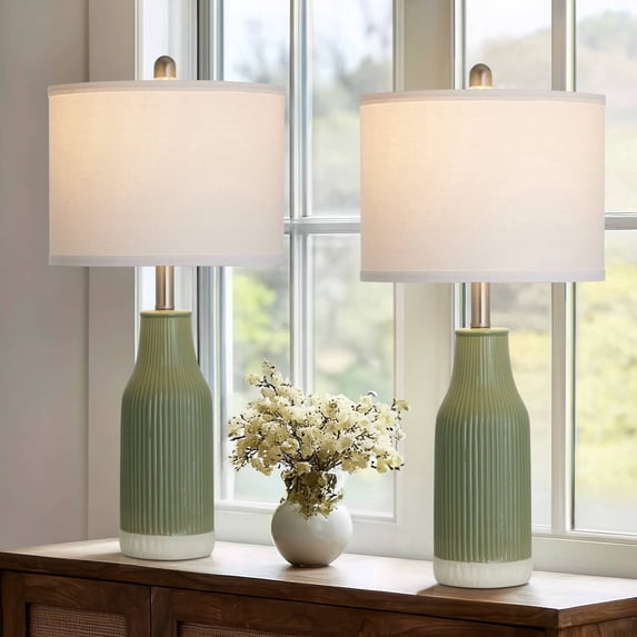 Cinkeda 26" Ceramic Table Lamps Set of 2 with Rotary Switch, Modern Farmhouse White Glaze & Drum Shade for Bedroom Living Room