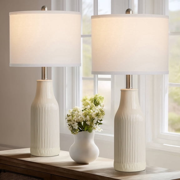 Cinkeda 26" Ceramic Table Lamps Set of 2 with Rotary Switch, Modern Farmhouse White Glaze & Drum Shade for Bedroom Living Room