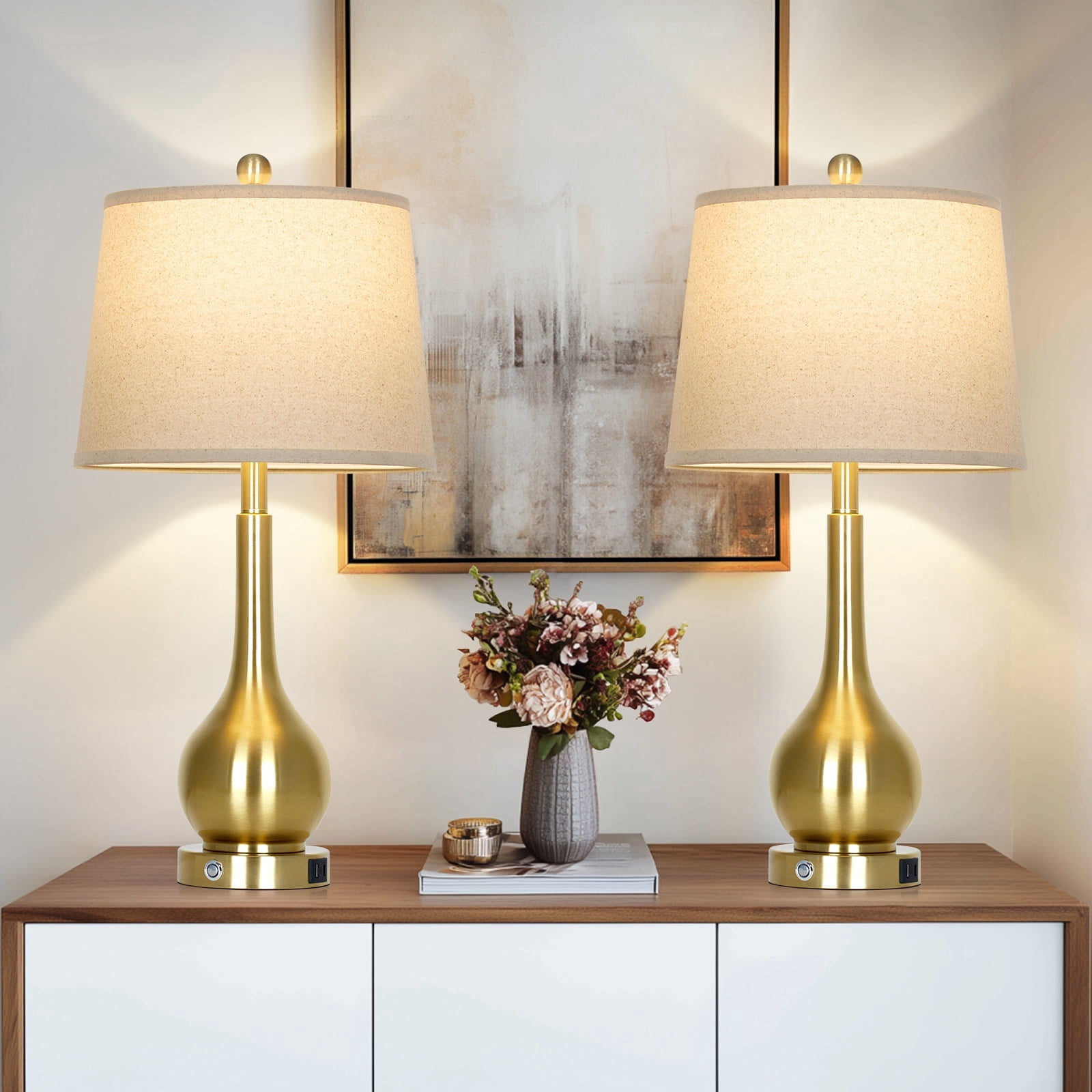 Cinkeda 26" Modern Table Lamp Set of 2 Farmhouse Industrial Touch Bedside Nightstands Lamps with USB A+C Charging Ports