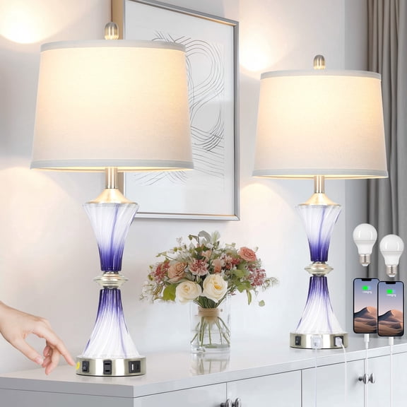 Cinkeda 27" Blue Glass Table Lamps Set of 2 with USB-C/A Ports & AC Outlet, Silver Nickel Finish Nightstand Lamps for Bedroom Living Room, LED Bulbs Included