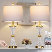 Cinkeda 27 Gold Glass Table Lamps Set of 2 with USB-C/A Ports & AC Outlet, Silver Nickel Finish Nightstand Lamps for Bedroom Living Room, LED Bulbs Included