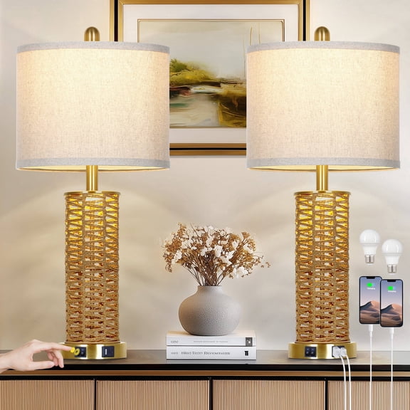 Cinkeda 27" Rattan Woven Table Lamps Set of 2, Boho Bedside Lamp with Dual Rocker Switches & Night Light, USB A+C Ports & Gold Finish for Farmhouse Bedroom Living Room