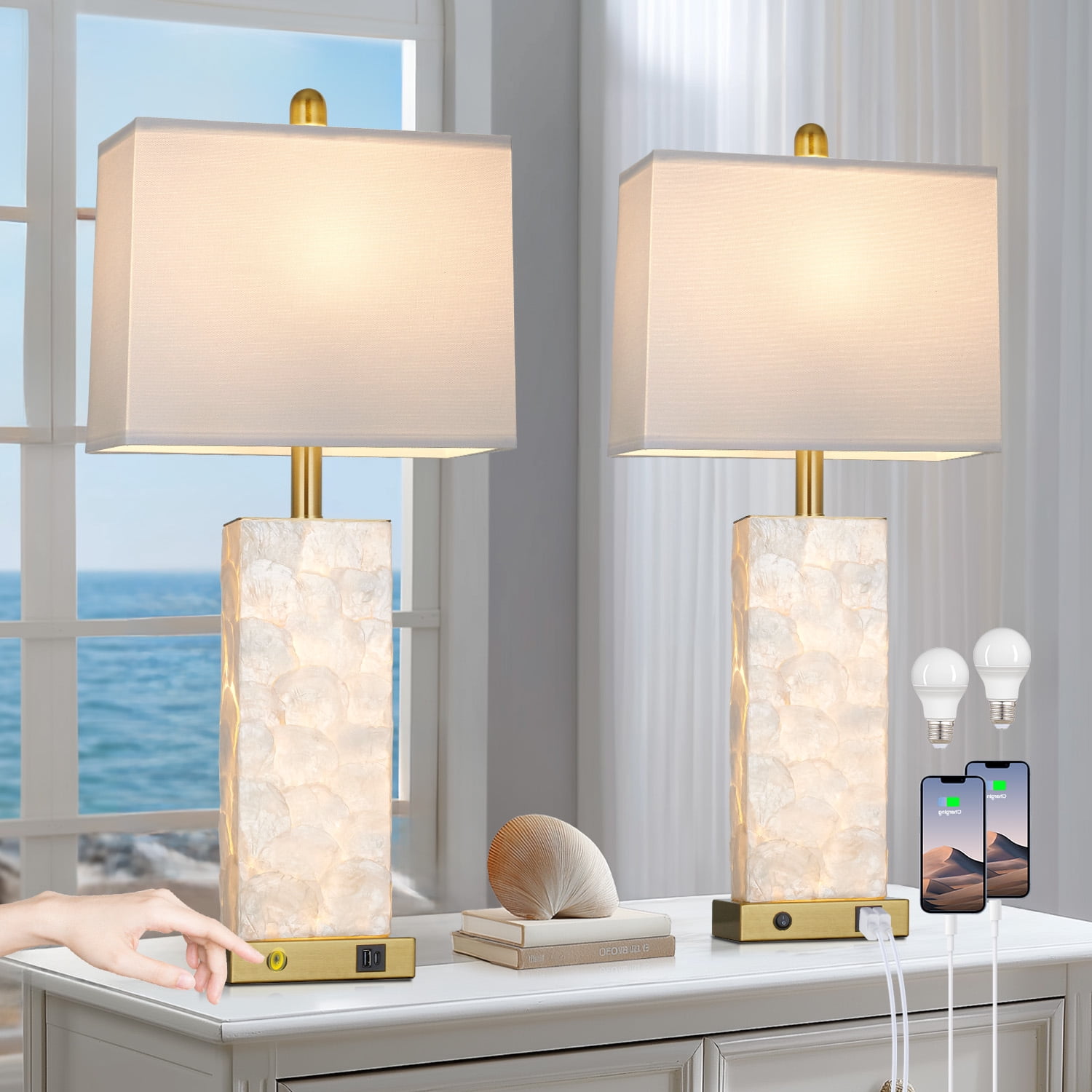 Cinkeda 28" Coastal Table Lamps Set of 2, Seashell Bedside Lamps with Dual Lighting & USB A+C Ports, Modern Beach House Nightstand Lights in Gold