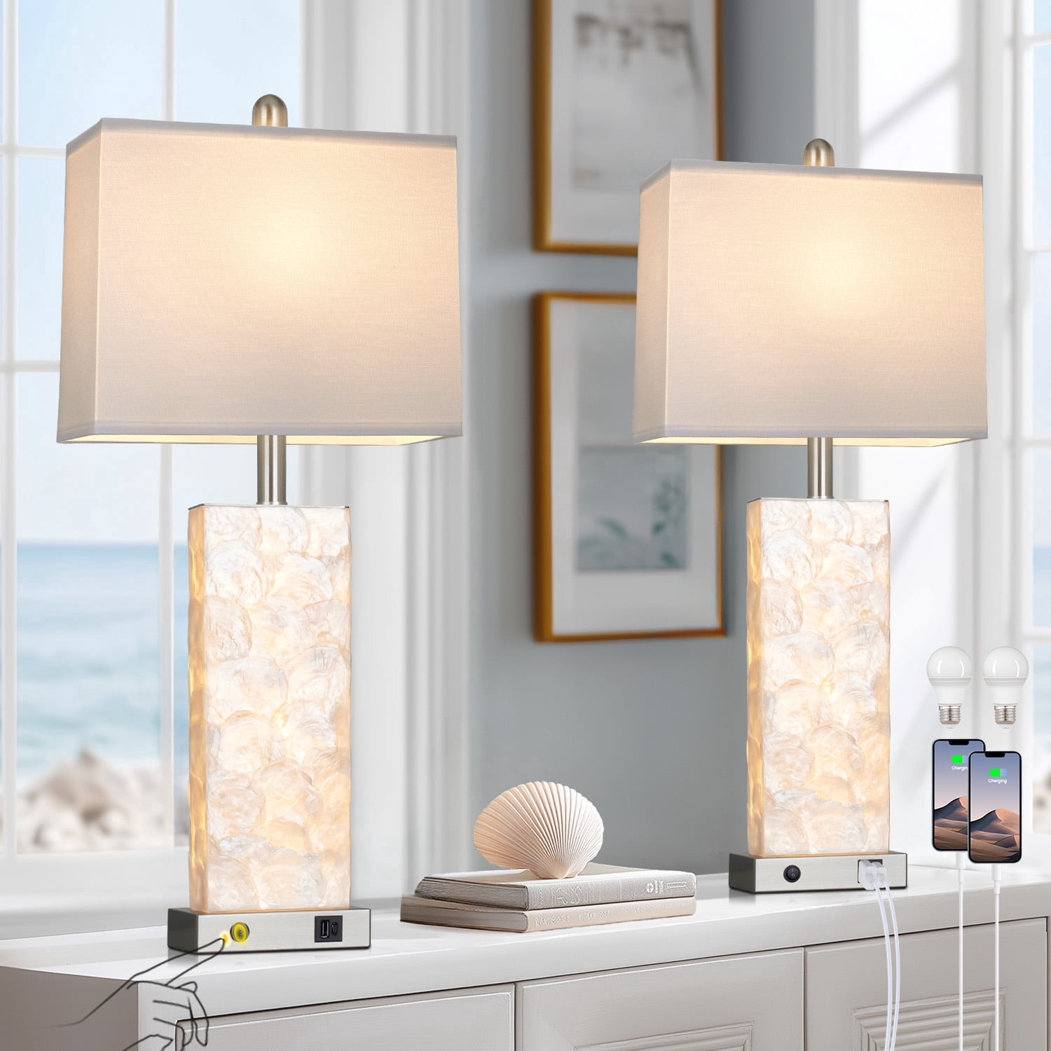 Cinkeda 28" Coastal Table Lamps Set of 2, Seashell Bedside Lamps with Dual Lighting & USB A+C Ports, Modern Beach House Nightstand Lights in Silver