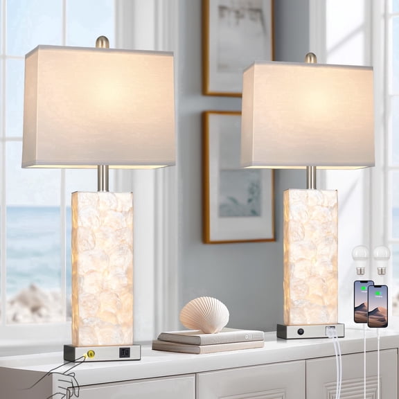 Cinkeda 28" Nickel Seashell Table Lamps Set of 2, Dual Switch Bedside Nightstand Lamps with USB & Type-C Ports, Night Light for Living Room