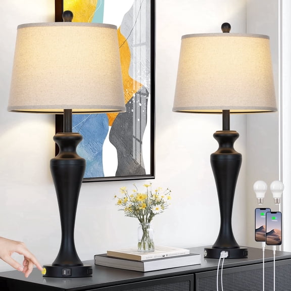 Cinkeda 29.5" Black Table Lamps Set of 2, Touch Control Tall Bedside Lamp with USB A+C Ports & AC Outlet, 3-Way Dimmable Modern Metal Nightstand Lamp for Living Room Bedroom, 2 LED Bulbs Included