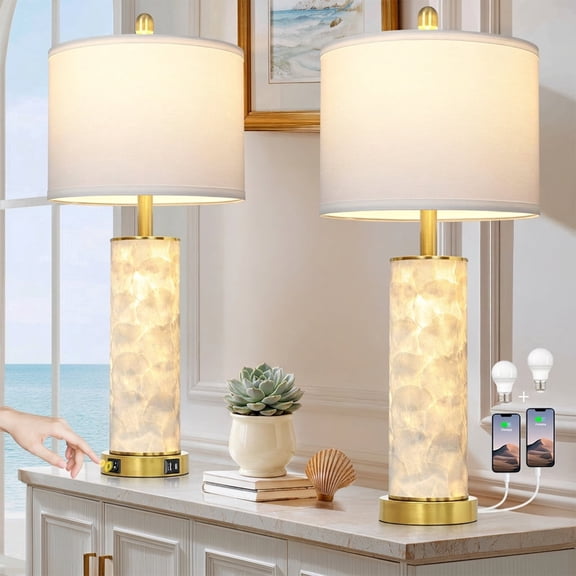 Cinkeda 29" White Seashell Table Lamp Set of 2, Coastal Bedside Nightstand Lamps with USB A+C Ports & Dual Night Light, LED Bulbs Included for Living Room(Gold))