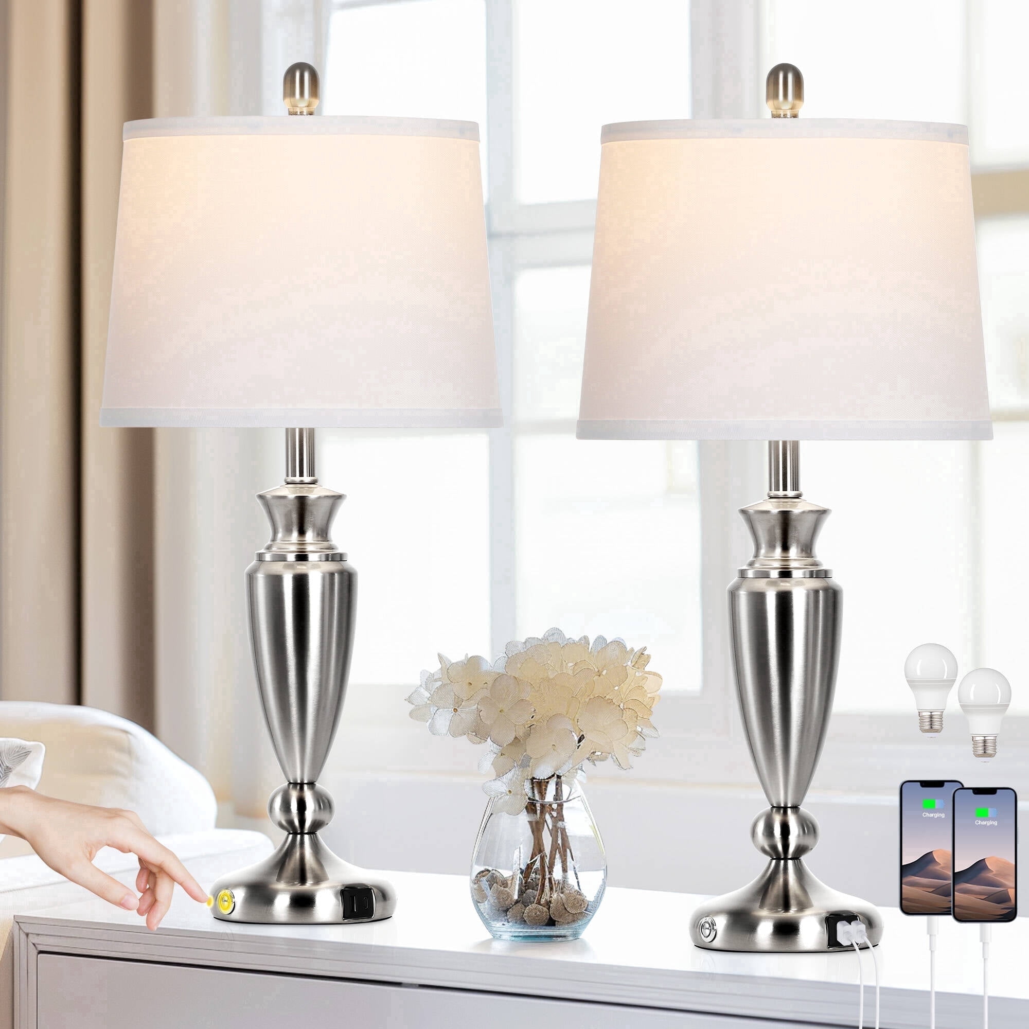 Cinkeda Table Lamps Set of 2 for Bedroom Living Room 27" Tall Silver Industrial Bedside Lamp with USB +C Charging Ports Modern 3-Way Dimmable Touch Control Nightstand Lamp