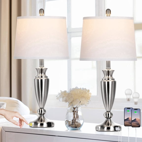 Cinkeda Table Lamps Set of 2 for Bedroom Living Room 27" Tall Silver Industrial Bedside Lamp with USB +C Charging Ports Modern 3-Way Dimmable Touch Control Nightstand Lamp