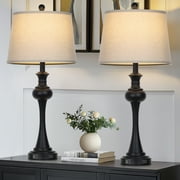 Cinkeda 3 Way Dimmable Tall Table Lamp Set of 2 with USB A+C Ports AC Outlet for Living Room Bedroom 28" Industrial Black Touch Control Nightstand Bedside Lamps