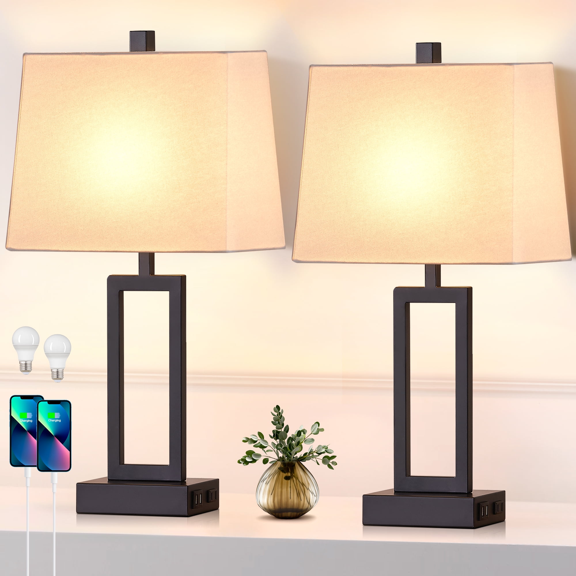 Black Metal Touch Control Table Lamp Set with Linen Shade