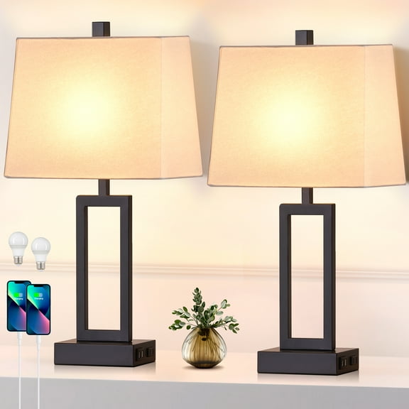 Cinkeda 3 Way Dimmable Touch Table Lamp Set of 2 with USB Ports AC Outlet Modern Rectangle Nightstand Bedside Lamps for Living Room Bedroom