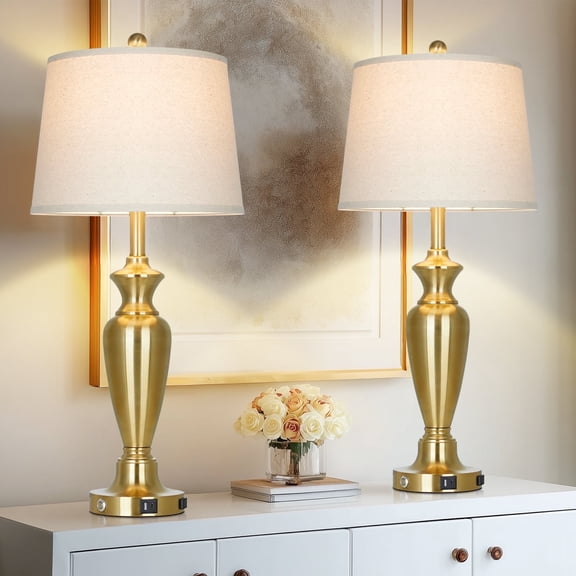 Cinkeda 30" Table Lamp Set of 2, Rustic Farmhouse Table Lamps for Living Room Bedroom, Bedside Lamps Vintage Nightstand Lamps, Gold