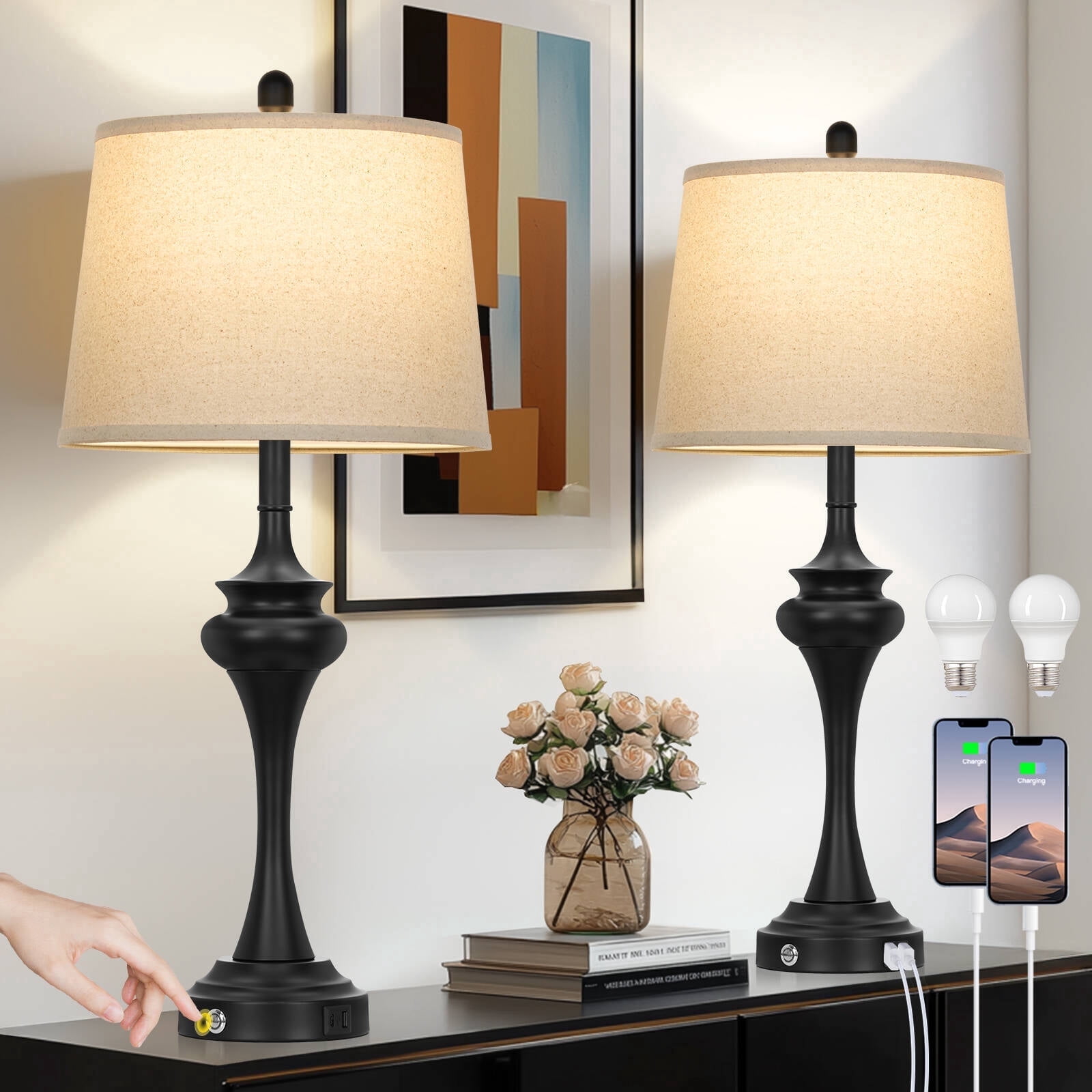 Cinkeda 30" Tall Table Lamps Set of 2, Black Industrial Design with 3-Way Touch Dimming & USB/Type-C Ports for Bedroom Living Room