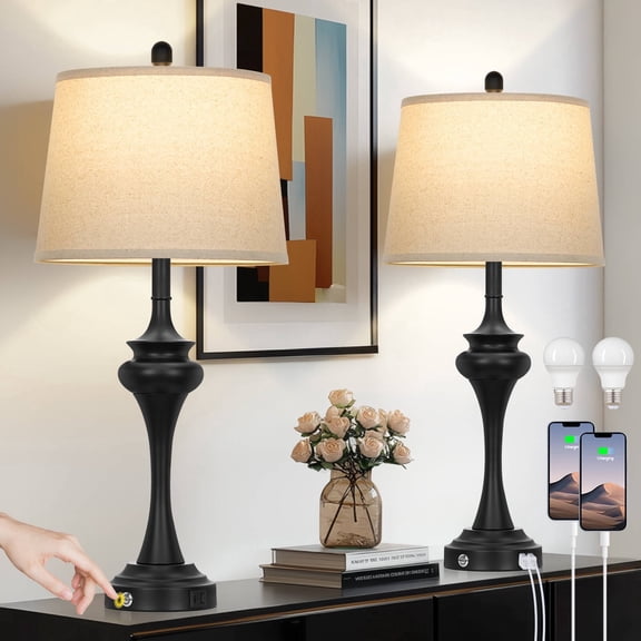 Cinkeda 30" Tall Table Lamps Set of 2, Black Industrial Design with 3-Way Touch Dimming & USB/Type-C Ports for Bedroom Living Room