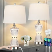 Cinkeda Acrylic Table Lamps Set of 2 with Night Light USB Ports AC Outlet Modern Nightstand Lamp for Living Room Bedroom(2 Bulbs)