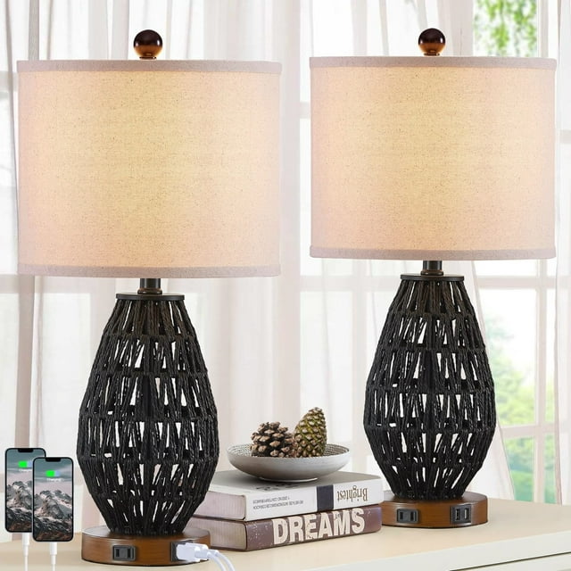 Cinkeda Black Rattan Table Lamp Set of 2 for Living Room Bedroom 3 Way Dimmable Touch Control Bedside Nightstand Lamps with USB Ports AC Outlet(2 Bulb)