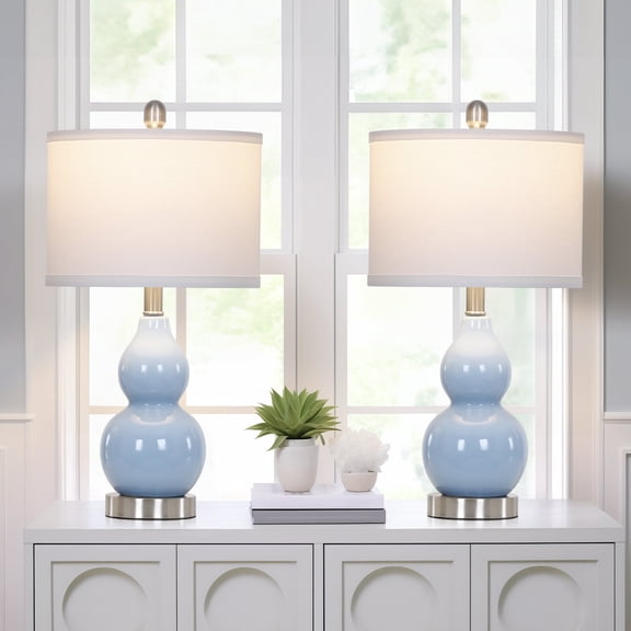Cinkeda 22" Light Blue Ceramic Table Lamps Set of 2, 2-Level Rotary Switch Bedside Nightstand Lamps with Gourd Body for Living Room