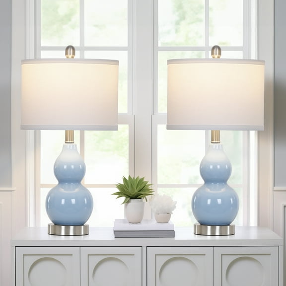 Cinkeda Ceramic Table Lamp Set of 2 for Bedroom Living Room 22" Modern Blue Double Gourd Nightstand Bedside Lamps