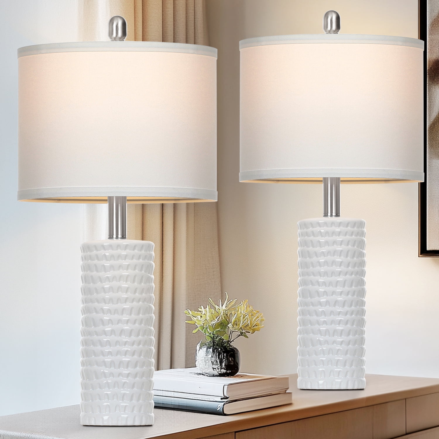 Cinkeda Ceramic Table Lamps Set of 2 for Living Room Bedroom 24" Modern Farmhouse Bedside Nightstand Lamp with White Shade
