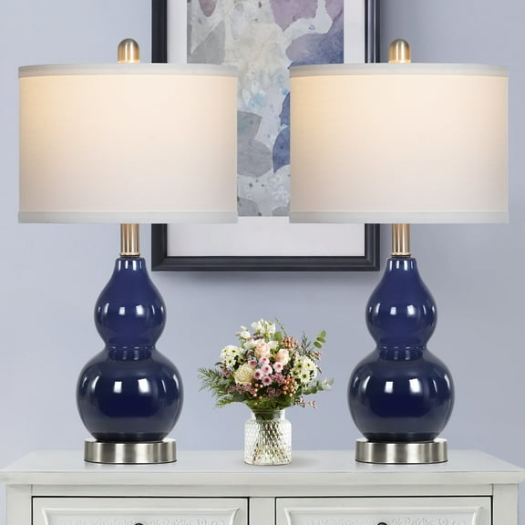 Cinkeda Coastal Double Gourd Ceramic Table Lamp Set of 2 for Living Room Bedroom 22" Nautical Blue Bedside Nightstand Lamp with White Shade