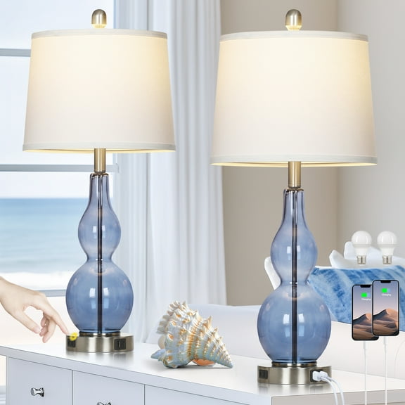 Cinkeda Coastal Table Lamps Set of 2 for Living Room Bedroom 28.5" Nautical Blue Glass Double Gourd 3 Way Dimmable Touch Control Bedside Nightstand Lamp with USB A+C Ports AC Outlet