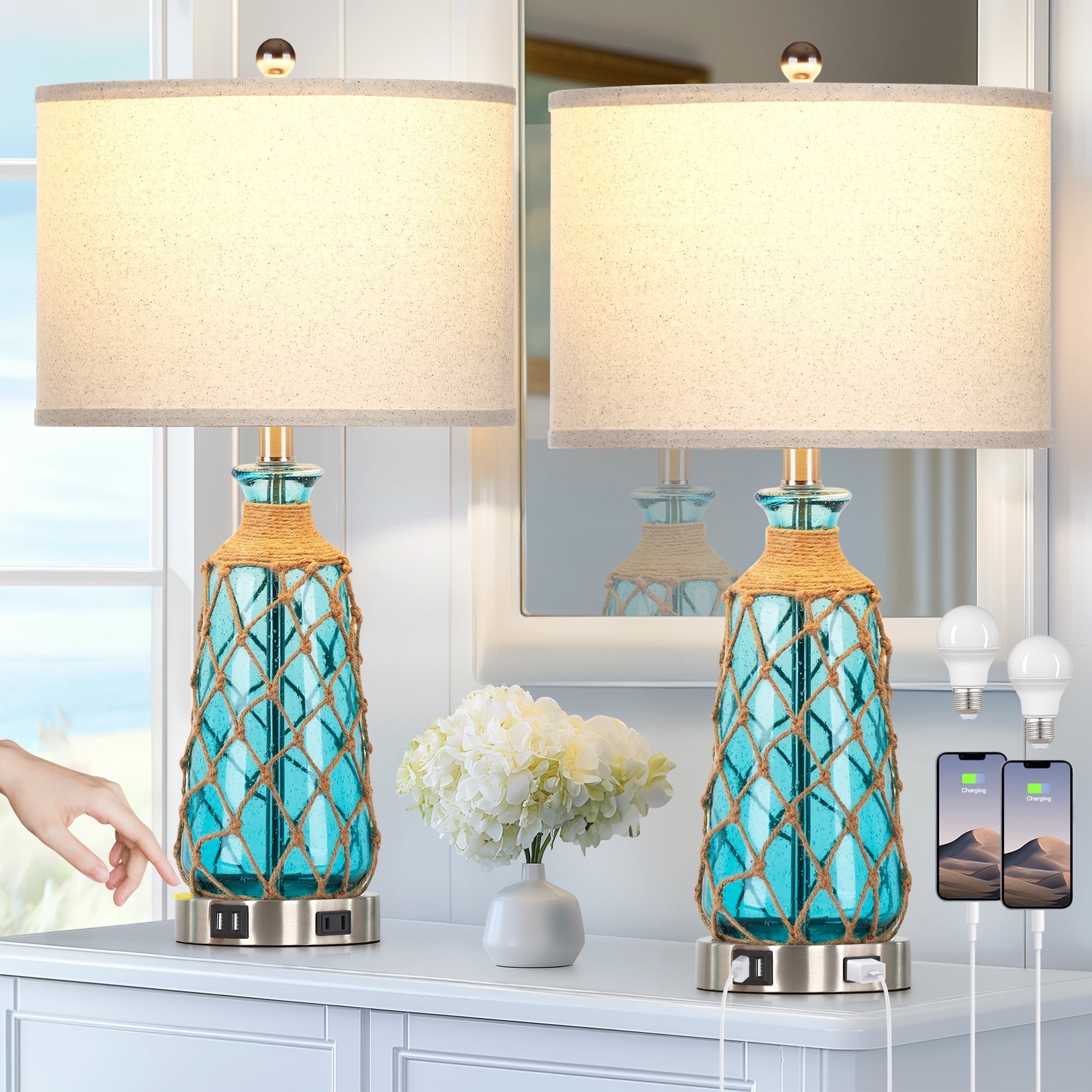 Turquoise Blue Bubble Glass Table Lamps with Beige Linen Shade, Set of 2