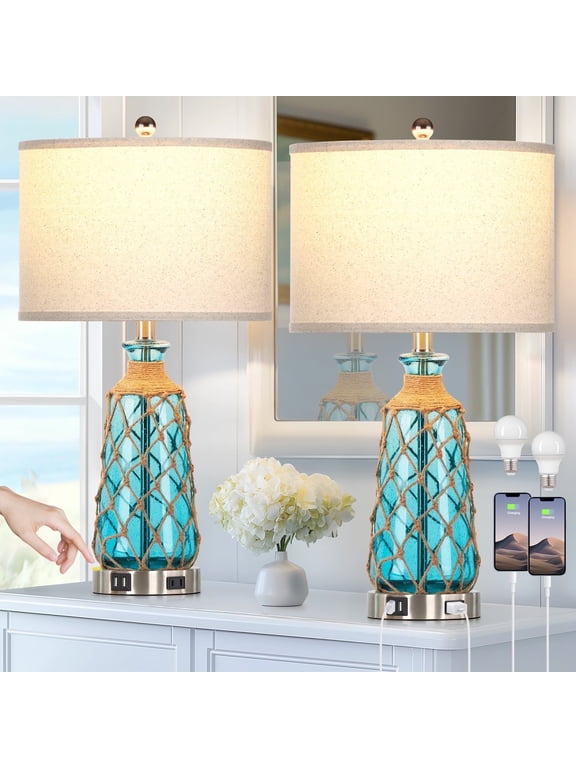 26" Blue Bubble Glass Table Lamp Set of 2, 3-Level Touch Control Bedside Nightstand Lamps with Dual USB Ports & AC Outlet for Living Room Bedroom